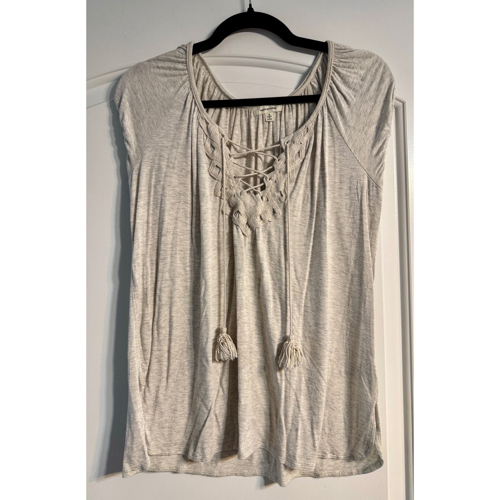 Max Studio Peasant Top‎ Women Sm. Oatmeal Crochet Lace-up Tassel Boho Festival